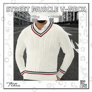 AL SWANS INTERNATIONAL Pull en maille blanc pour homme, col en V, bordure rouge marine, manches longues, anti-boulochage, style vintage, pour l'hiver - Product Image 4