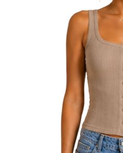 Débardeur côtelé beige pour femme, sans manches, boutonné devant, coupe courte, en coton extensible, ajusté, décontracté, tricoté, mode estivale, style camisole - Product Image 3