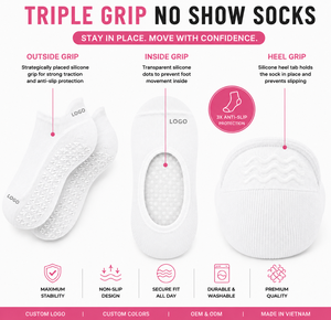Custom LOGO Triple <b>Grip</b> No Show <b>Socks</b> Anti Slip Silicone Heel Tab Inside <b>Grip</b> White Thin Knitted For Daily Casual Wear Pilates - Product Image 1