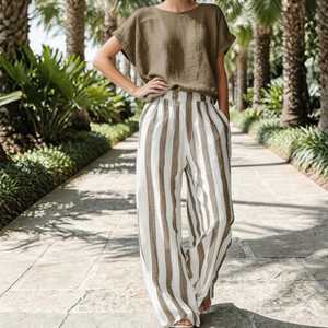 Women's <b>Elastic</b> Waist Mid Waist Straight Pants Olive Green 100% Cotton Canvas Regular Fit Full Length Casual Autumn Trousers - Product Image 2