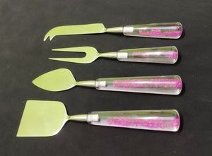 High Quality 4-Piece Cheese Knife <b>Set</b> Steel and Epoxy Resin Clear with Beautiful Pink Color for Camping - Product Image 3