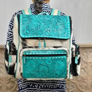 Sac à dos en cuir gaufré turquoise avec empiècements imprimés animaliers, forme carrée, fermeture éclair, bandoulière, style bohème, usage quotidien - Product Image 2