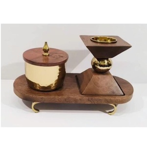 Encensoir en bois doré avec bol en laiton martelé et plateau, support aromatique fait main - Product Image 3