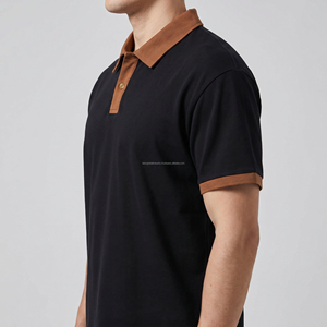 T-shirt de golf personnalisé pour homme, col contrastant noir et marron, en piqué de coton tricoté respirant, manches courtes, été - Product Image 4