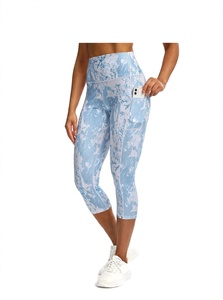 SPINE CRAFT High Waist Printed Capri <b>Leggings</b> With Pockets Light Blue White Marble <b>Pattern</b> Sporty Style Stretch Breathable <b>Women</b> - Product Image 1