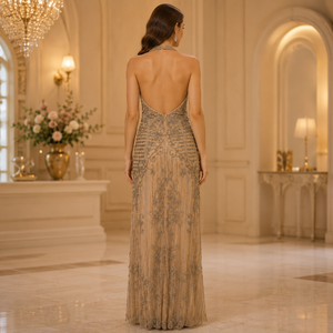 Women Gold Beaded Wedding Maxi Dress Deep V Neck Sleeveless <b>Sequin</b> Embellished High Slit Bridal Gown Formal Reception Party - Product Image 4