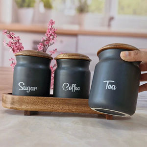 Juego de recipientes de cocina con acabado mate, tapa de madera y bandeja, elegante organizador de encimera para café, azúcar, té y despensa. - Product Image 4