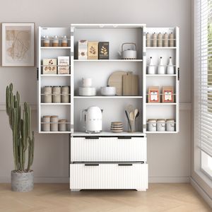 Armoire de cuisine moderne blanche cannelée de 72 pouces 2 grands tiroirs 8 portes étagère à épices organisateur de rangement autoportant pour salle de bain - Product Image 4