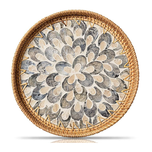 Plateau rond en rotin sans poignée avec incrustation de nacre, écologique, fait main, panier à fruits et décoration intérieure - Product Image 2