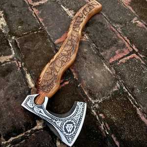 Custom Gift THEWIZ CRAFTS Forged Carbon Steel Tomahawk Industrial Grade Camping <b>Axe</b> Wooden <b>Handle</b> Leather Sheath 3-Year Warranty - Product Image 2
