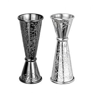 Vaso Medidor de Cocteles de Acero Inoxidable SS304 de 1+2 oz con Grabado Floral, Estilo Japonés, Doble Extremo, Marcado Láser, para Bartender - Product Image 1