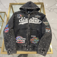 Veste à capuche zippée en denim délavé pour homme DiZNEW avec patchs, broderies, strass, style streetwear, logo personnalisé, OEM, ODM, vente en gros