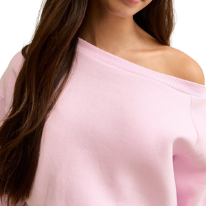 Sweat-shirt à col rond en tricot surdimensionné rose clair pour fille, à épaules dénudées, doublé, avec bordures côtelées, coupe décontractée - Product Image 4