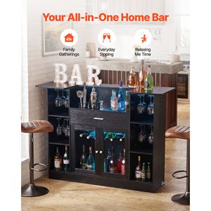 Meuble bar à vin 4 niveaux avec éclairage LED, étagères de rangement, porte-verres et porte-bouteilles, en bois M - Product Image 2