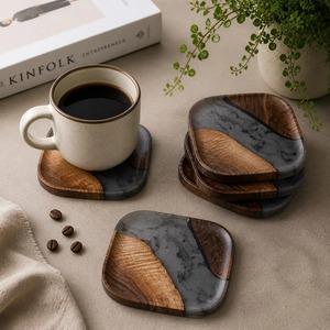 Classic Walnut Wooden Resin <b>Coaster</b> <b>Set</b> Kitchen Use Restaurant Durable Eco Friendly with Holder Model Handmade Sculpture - Product Image 4