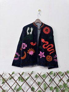 Ethnic Navy Blue <b>Velvet</b> Embroidered Suzani <b>Jacket</b> With Snake Pattern Full Sleeve Stand Collar Handmade Bohemian Winter Outerwear - Product Image 4