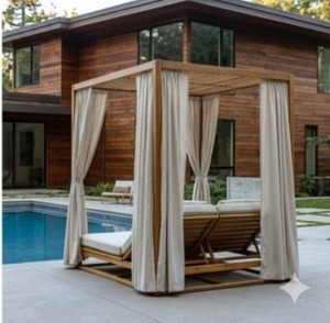 Cama Tumbona de Madera de Teca para Exteriores con Toldo y Cortinas para Piscina, Villa, Hotel, Patio - Product Image 5