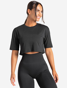 T-shirt court noir pour femme, manches courtes, col rond, imprimé, tricoté, décontracté, coton et élasthanne, séchage rapide, coupe classique, printemps - Product Image 1