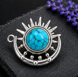 Turquoise Sterling Silver Pendant, Blue Gemstone <b>Necklace</b>, Celestial Sun Pendant, Boho Jewelry, Handmade Silver Pendant - Product Image 3
