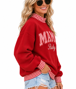 Sudadera Oversize de Cuello Alto para Mujer al por Mayor con Aplique de Letras Personalizado y Diseño a Cuadros con Bloques de Color - Product Image 5