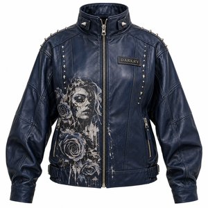 <b>Navy</b> Blue <b>Women</b> Genuine Leather Biker Jacket Custom Stand Collar Floral Portrait Artwork Studded OEM Factory Supplier - Product Image 1
