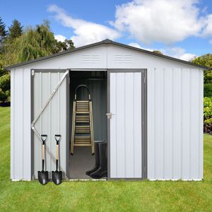 Casetta da Giardino in Metallo Bianco e Grigio 10x12 Piedi, Soluzione per Stoccaggio Esterno - Product Image 1