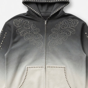 Sudadera con capucha personalizada con estampado de serigrafía, pedrería y cremallera, de algodón 100% de alto gramaje, estilo vintage streetwear unisex. - Product Image 5