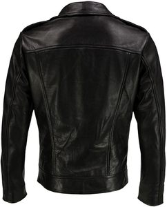 Veste moto en cuir véritable noir pour homme, coupe ajustée, fermeture éclair, col rabattu, manches classiques, couleur unie, style automne - Product Image 3