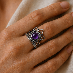 Violet Aura Amethyst Lotus Crown <b>Ring</b> Brass Silver Plated Bezel Setting Bohemia Style Handmade Unisex Jewelry - Product Image 3