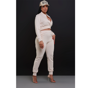 Ensemble de survêtement uni personnalisé pour femme, veste courte à manches longues et pantalon de survêtement ajusté à chevilles resserrées, deux pièces - Product Image 4