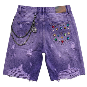 Custom Acid Wash Distressed Shorts High Quality Rhinestone 100% Denim Shorts Vintage Summer Streetwear Unisex - Product Image 2