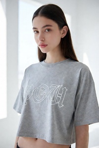 T-shirt court gris pour femme, col rond, manches courtes, coupe ample, logo brodé, décontracté, printemps-été, 100 % coton jersey - Product Image 4
