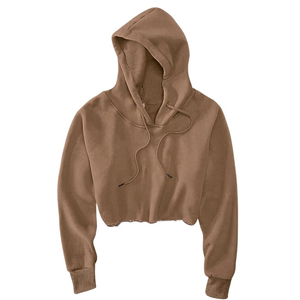 OEM Plain Blank Brown <b>Cropped</b> Hoodie Streetwear Raw Edge Long Sleeve Hooded <b>Top</b> for Women Clothing Boutique - Product Image 1