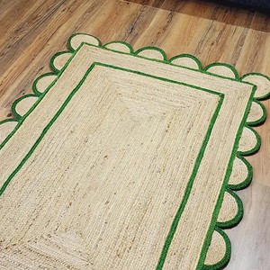 Scalloped Natural Jute <b>Rug</b> with Dark Green Border Handmade Jute <b>Rug</b> Jute Area <b>Rug</b> Custom Size <b>Rug</b> Decorative <b>Rug</b> <b>Boho</b> Decor <b>Rug</b> - Product Image 5