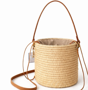 Bolso de Mano CANDRA L Hecho a Mano con Sisal Natural, Correa de Cuero, Cierre con Cordón, Ecológico, Bolso Bandolera para Mujer - Product Image 1