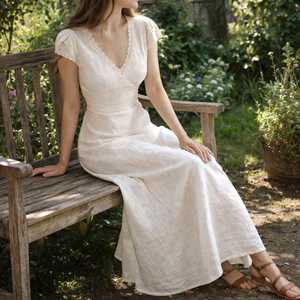 Vestido Maxi de Lino Blanco con Cuello en V y Manga Corta, Estilo Vintage Pastoral, Casual de Verano, Transpirable, Color Sólido, Cintura Natural - Product Image 2
