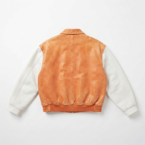<b>Men's</b> <b>Leather</b> Bomber <b>Jacket</b> Turn-Down Collar Zipper Closure White Sleeve <b>Leather</b> Coat Casual Wear <b>Leather</b> Crop <b>Jacket</b> <b>Men</b> - Product Image 2