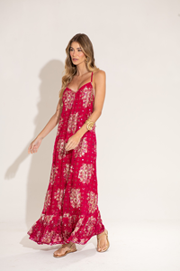 Robe longue bohème élégante pour femmes, rouge, sans manches, col carré, taille haute, 100% coton, écologique, robe de plage d'été - Product Image 2