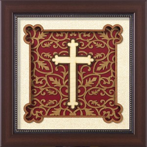 Framed Wooden Cross Wall Decor with Carved <b>Floral</b> Pattern Red Background Traditional Design for Living Room or Behind Doors - Product Image 1