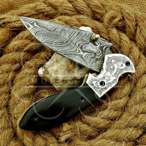 Cuchillo plegable de Damasco hecho a mano con funda de cuero - Product Image 6