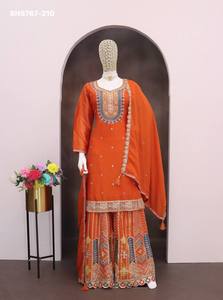 ชุดคุณภาพพรีเมียม ผ้าไหมชิโนนเนื้อหนาสวยงาม พร้อมกางเกงพลลาโซและผ้าคลุมไหล่ ปักลายด้วยงานปักเลื่อม ผู้จัดจำหน่ายจากอินเดีย - Product Image 2