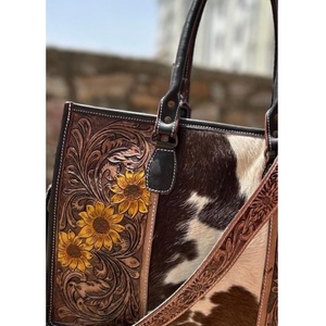 Western Cowhide <b>Leather</b> Tote Bag Hand <b>Tooled</b> Floral Sunflower Shoulder Purse Messenger Bag Cowgirl Handbag with Adjustable Strap - Product Image 2