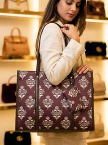 Vintage Jacquard Tote Bag Set Ethnic Floral Print Anti-Theft Shoulder <b>Handbag</b> Pouch Zipper Polyester Lining for Office Travel - Product Image 3