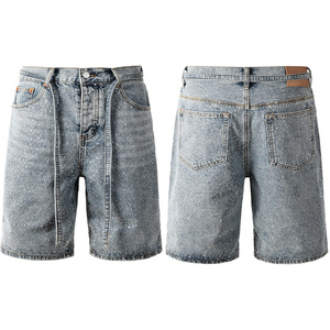Shorts en jean de haute qualité pour hommes, pantalon en denim extensible d'été, short en jean orné de strass - Product Image 1