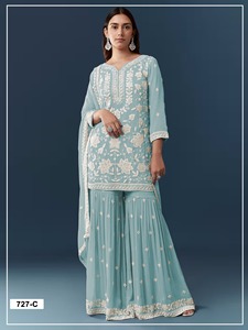 ชุดคุर्ตา ชาราร่า ดูปัตตา ผ้าชีฟองจอร์เจตต์ ดีไซน์เนอร์ พร้อมงานปักหนักและงานประดับเลื่อมด้วยด้ายวิสโคส ซารี และงานตกแต่งแบบคัทลี - Product Image 3