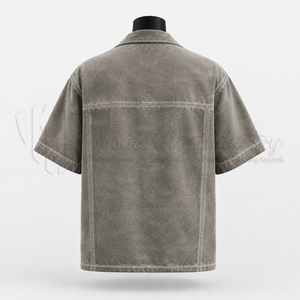 Camisa de Mezclilla Personalizada para Hombre, de Manga Corta, Oversize, Sólida, de Sarga, Casual, con Botones, de Algodón Ecológico, Ajuste Holgado, OEM ODM - Product Image 2