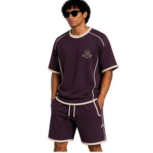 Plum Purple Mens Oversized T Shirt And Shorts <b>Set</b> Beige Contrast Piping Customized Logo Crew Neck Casual Streetwear Wholesale - Product Image 1