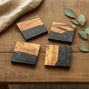 Handmade Resin Wood <b>Coasters</b> Square <b>Drink</b> <b>Coasters</b> Black Marble Look <b>Coaster</b> Set <b>for</b> Home Christmas Gift - Product Image 4