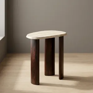Modern Stone Top Wood Side <b>Table</b> Minimalist Design Living Room Furniture Handmade Round Side <b>Table</b> - Product Image 2
