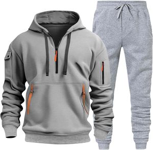 Ensemble de survêtement en polaire épais avec sweat à capuche zippé et poches sur les manches et pantalon de jogging - Tenue de sport deux pièces - Product Image 5